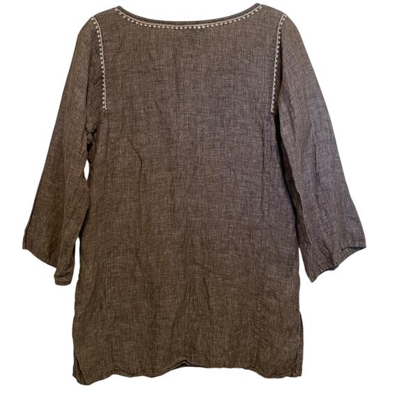 Eddie Bauer Embroidered Linen Top Womens Medium Tall Brown White Boho Lagenlook - Picture 4 of 7